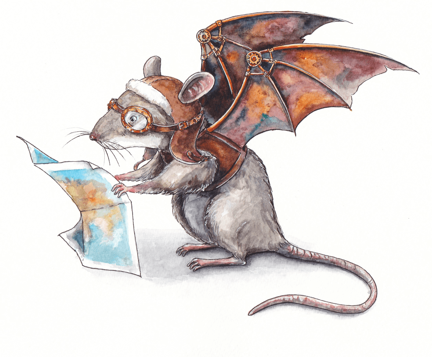 A cute mouse with steampunk wings, reading a map.
