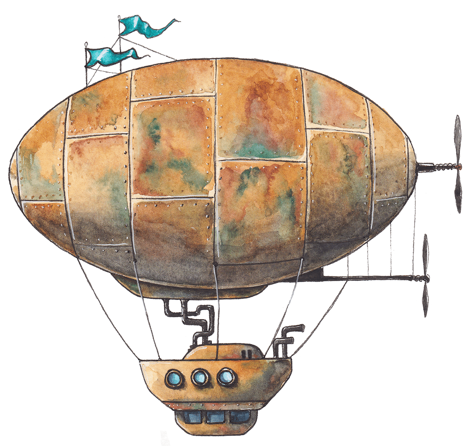 A steampunk airship sails jauntily